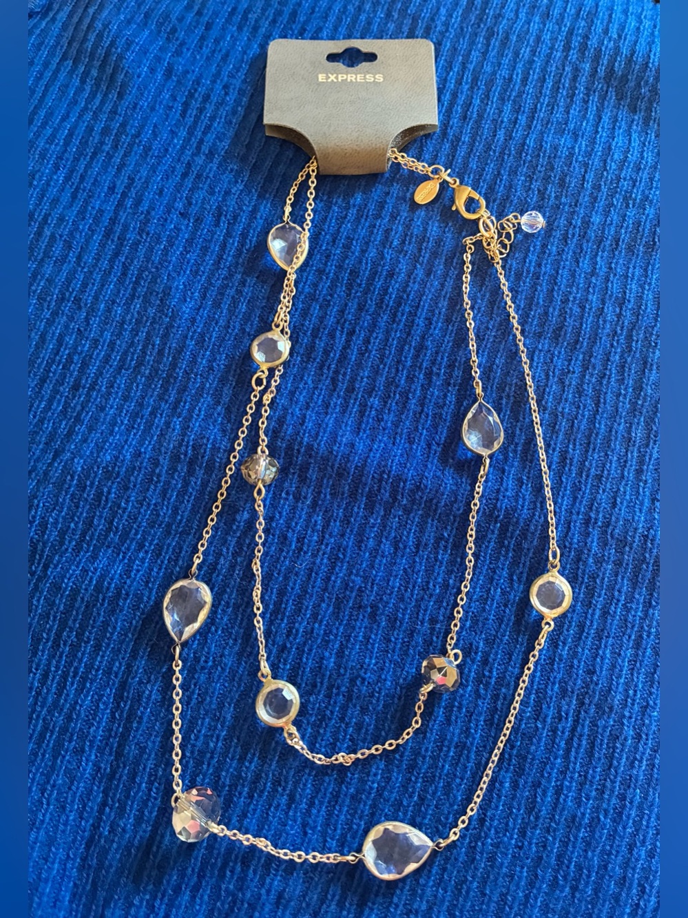EXPRESS NWT Gold Tone Double Layer Layered Teardrop Crystal Station Necklace